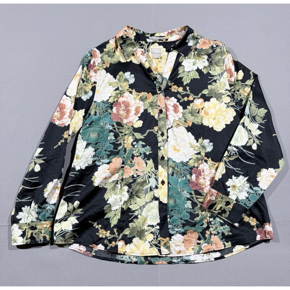 Chico's Shirt  2 12/14 Black W Teal White Rust Floral Button Dn Long Slv Open Nk
